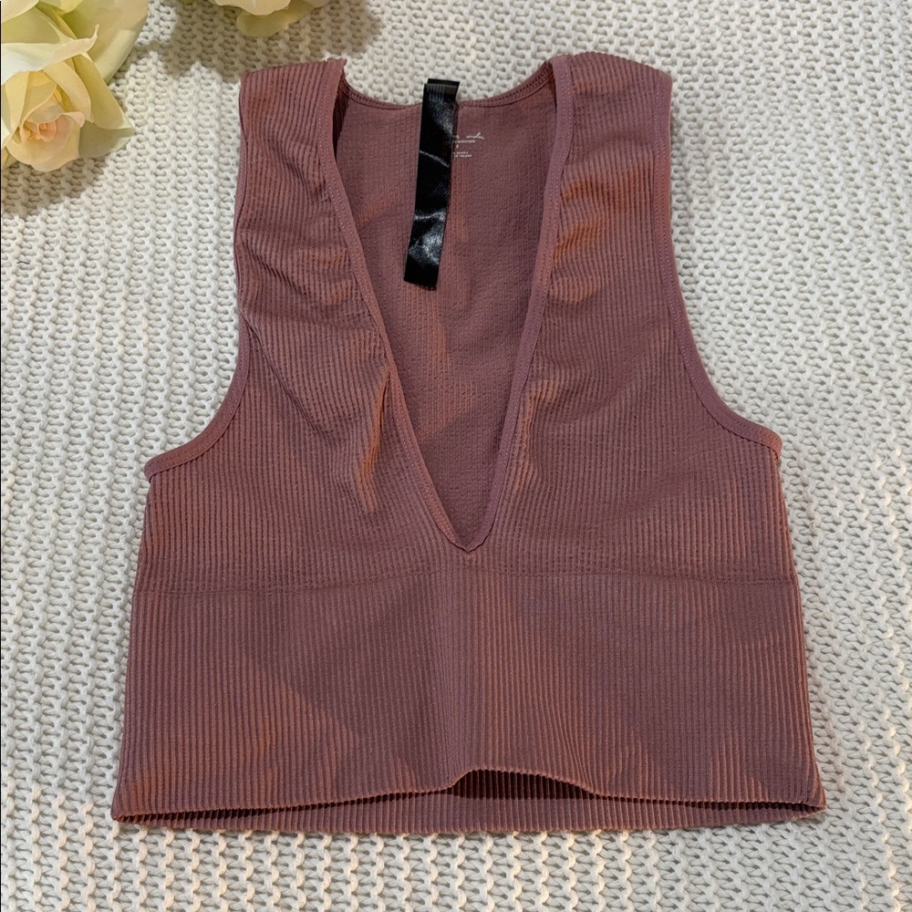 Urban Outfitters Mauve Ribbed Deep V Crop Top